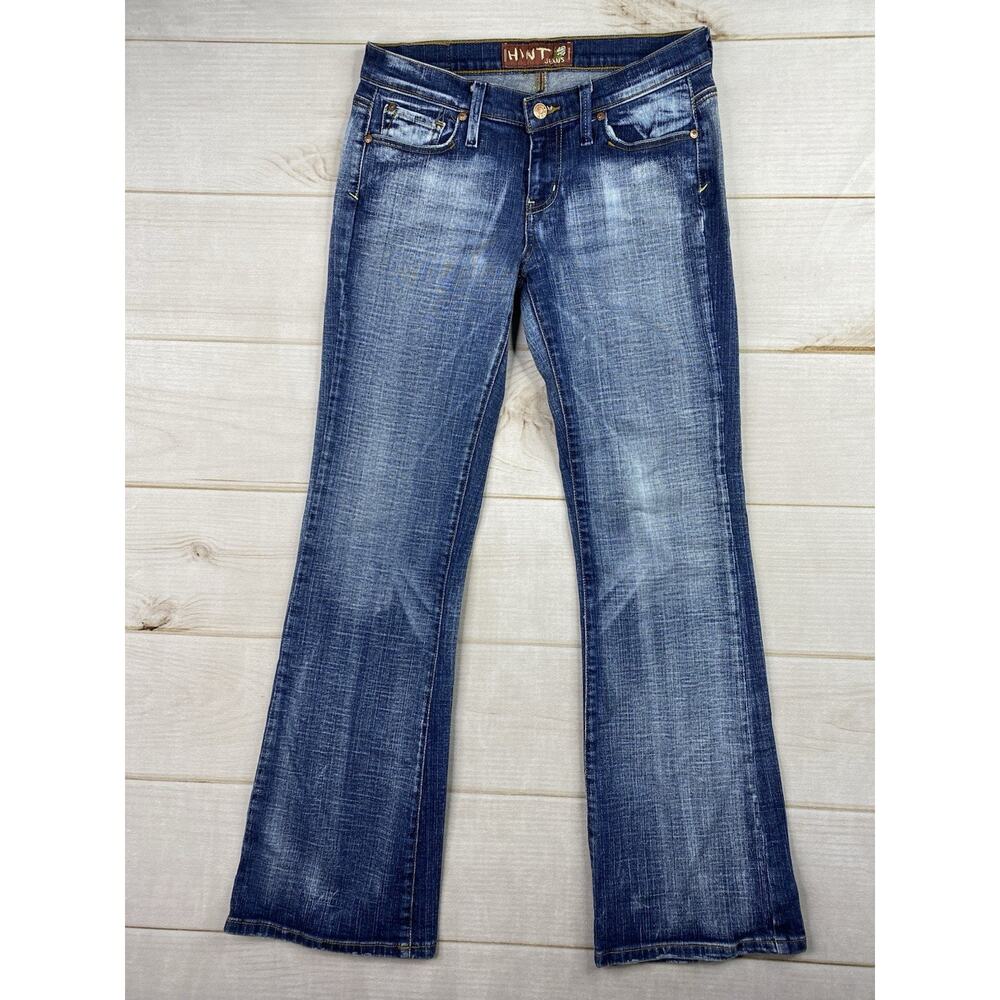 Vtg Hint Jeans Womens 9 Blue Flare Bootcut Low Rise Distressed Pockets Y2K